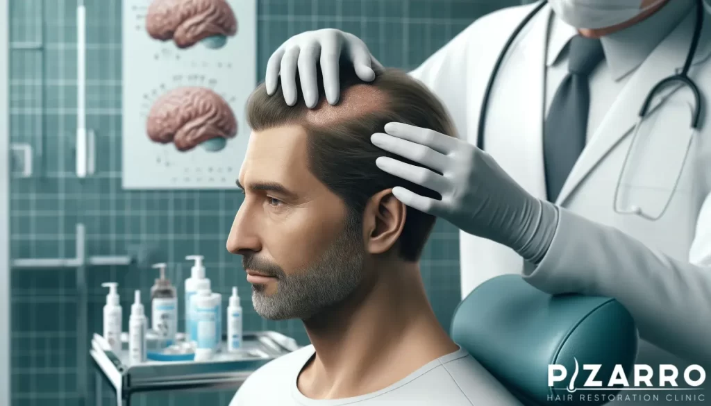 a hair transplant doctor inspecting a man's hair
